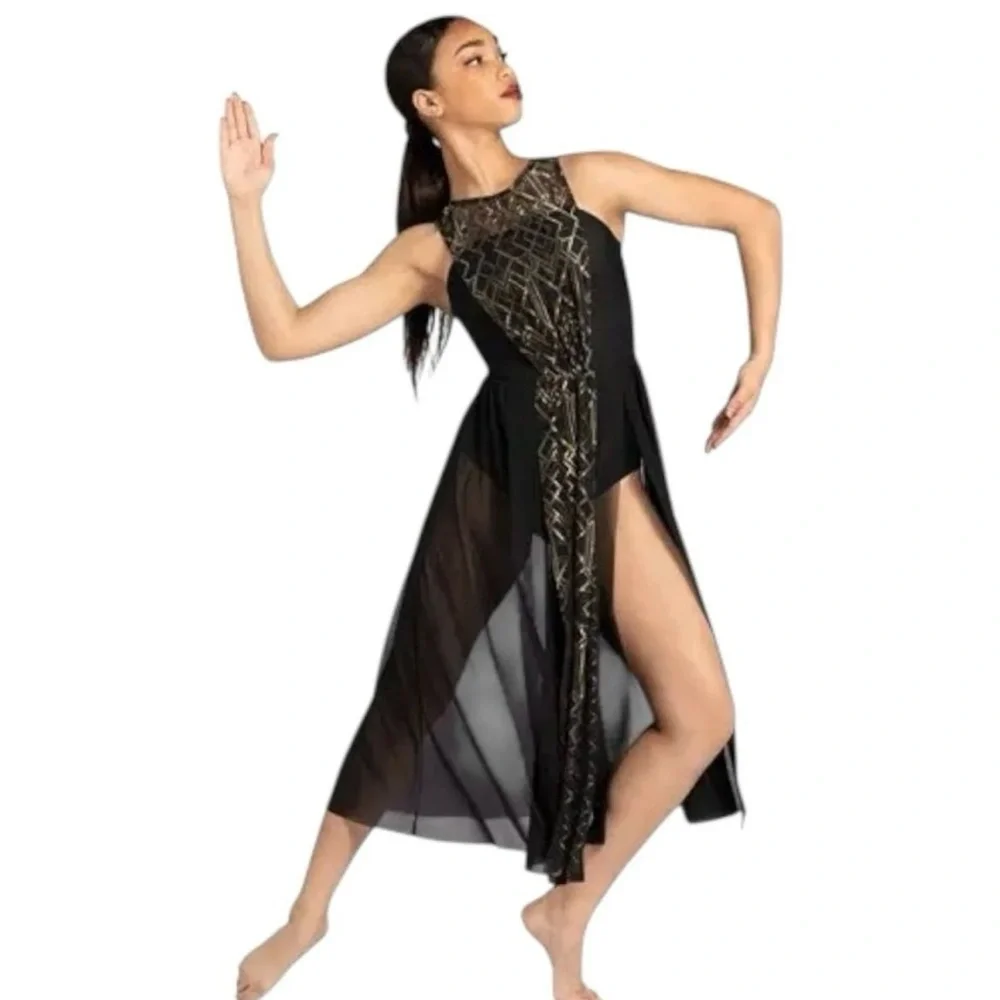 Weissman Dance Costume‎ Black Gold Great Gatsby Dress Bodysuit MA-Medium adult